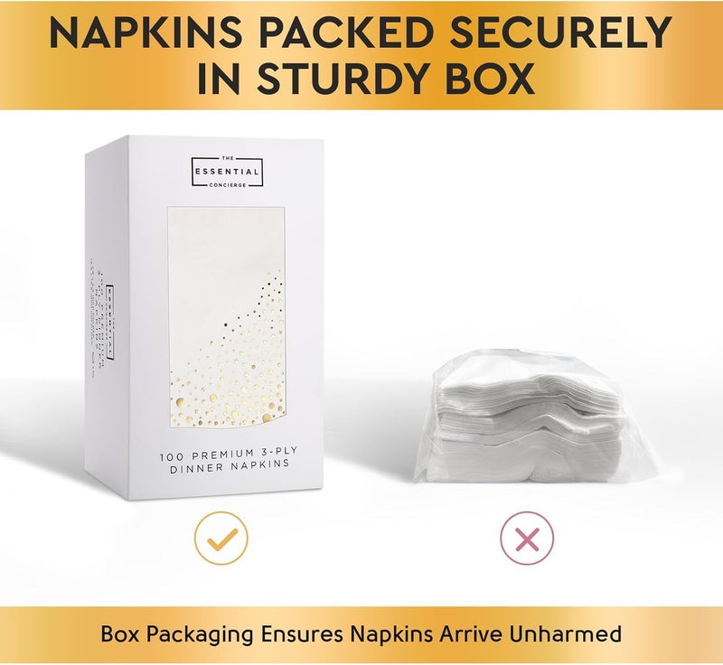 The Essential Concierge 100 Pack Gold & White Disposable Napkins, 7.5 x 4.25 Inch, 3-Ply Paper Napkins for Party, Wedding, or Everyday Use - Image 2